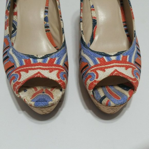 Nine West Women's Cheerful 70 Cork Wedge Peep Toe 7.5M Canvas Stripe Swirl - Picture 6 of 9